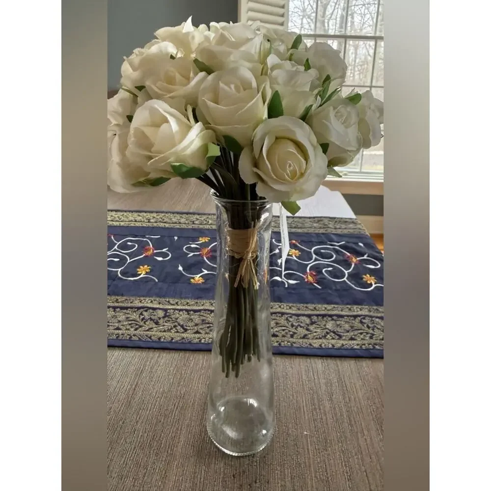 Faux Ivory Rose Bouquet Wedding Centerpiece Farmhouse Decor Floral Arrange